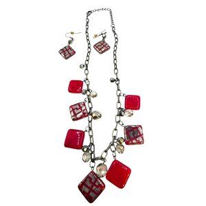 Red & Silver Geometric‎ Necklace & Earrings Set With Chain Links & Beads